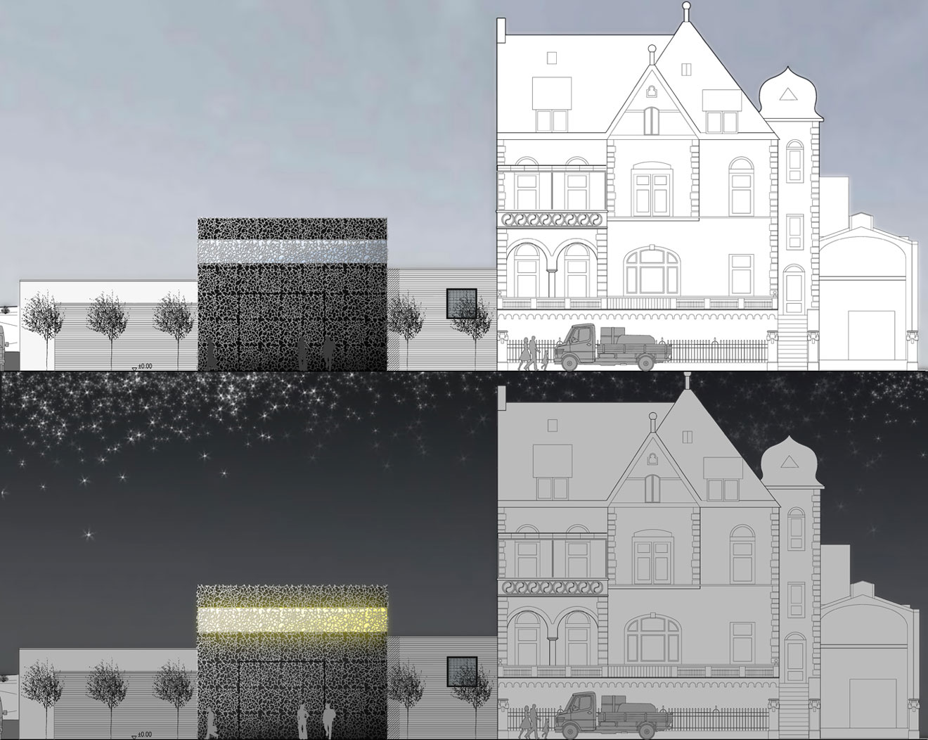 Visualisierung und Gegenüberstellung der Tag und Nachtansicht der parametrisch generierten Aluminiumfassade des Weingut Heymann-Löwenstein.